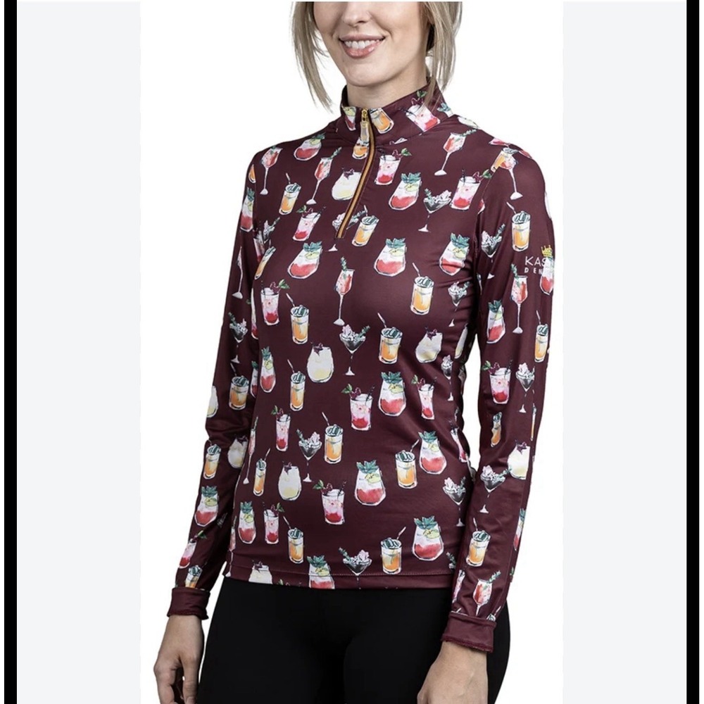 Kastel Denmark M Tawny Port Cocktail Print Long Sleeve 1/4 Zip Top Size XS